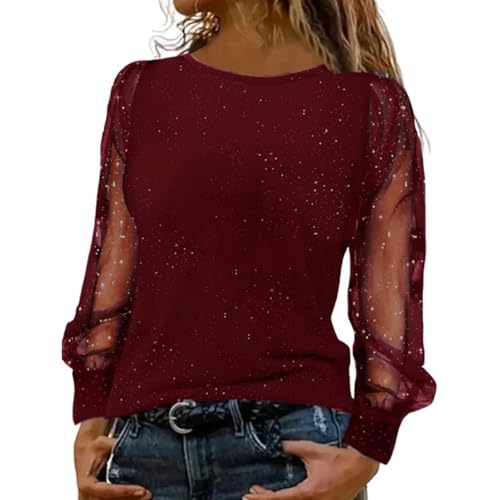 Glitzer Oberteile Damen, Pailletten Elegant Silvester Outfit - Sexy Netzoberteil Festliche Glitzer Top Mode Casual Mit Frauen Glitzer Shirt Transparentes Party Oberteile Langarm Tunika Bluse von Generic