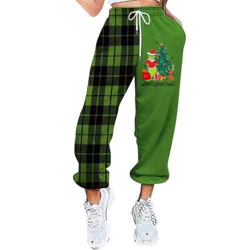 𝑮𝒓𝒊𝒏𝒄𝒉, Trainingsanzug Damen Warme Leggings Damen Winter Weihnachten Bedruckte Baggy Hose High Waist Sporthose Bequemer Weihnachts Hosen Mit Taschen Thermo Hose Damen Warehouse (Green,XL) von Generic