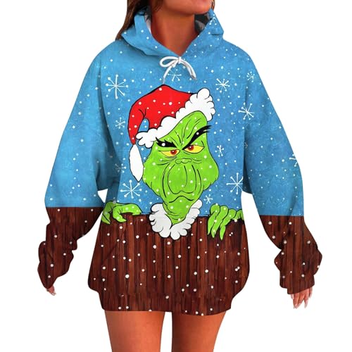 𝑮𝒓𝒊𝒏𝒄𝒉, Weihnachtspullover Langarmshirt Damen Lustig Weihnachten Druck Pullover Mit Kapuze Ugly Christmas Sweater Pullover Damen Weihnachten Angebote Tages Blitzangebote Heute(Blue,M) von Generic