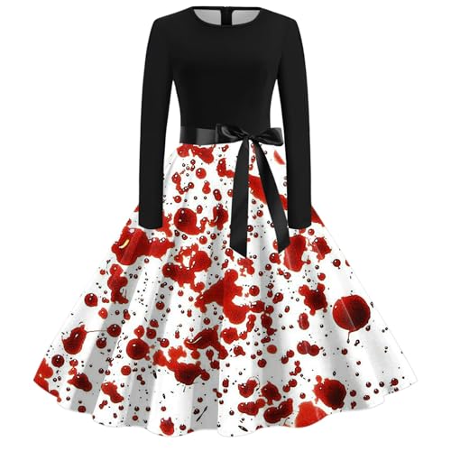 Halloween Hepburn Kleid, Fledermaus Lustige Klassische Aufdruck Langarm Blütenblatt V-Ausschnitt a Linie Hohe Taille Seil Kleid Elegant Prinzessin Kleid Damen Halloween Witch Costume Women von Generic