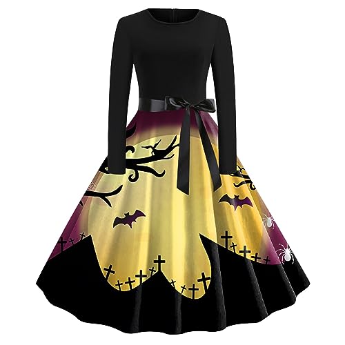 Halloween Hepburn Kleid, V-Ausschnitt Krawatten Hohe Taille Seil Swing A-Linie Lustige Klassische Muster Kleid Elegant Prinzessin Kleid Damen Horror Elegante Rockabilly Sexy Brautkleid Kleid von Generic