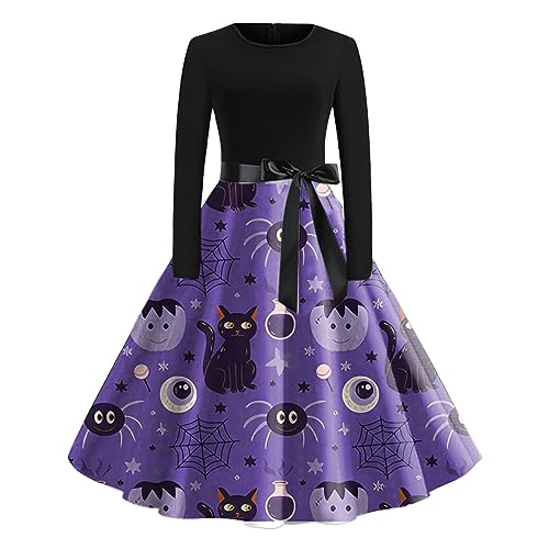 Halloween Hepburn Kleid, Vintage V-Ausschnitt Langarm a Linie Fledermaus Bedruckte Hohe Taille Seil Kleid Damen Halloween Partykleid Für Frauen Halloween Abschlussball Hepburn Kleid von Generic