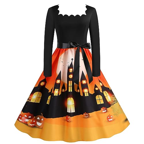 Halloween Kleid, Blutfleck Fledermaus Bedruckte V-Ausschnitt Krawatten Hohe Taille Seil Kleid Damen Halloween Partykleid Für Frauen Gruselig Hexenkostüm Party Kostüm von Generic