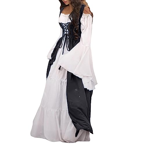 Halloween Kleid Damen Mittelalter Kleid Lang Renaissance Viktorianisches Kleid Cocktailkleid Mittelalter Kleidung Retro Vintage Kleider mit Trompetenärmel Volant Maxikleid Karneval Halloween Kostüm von Generic