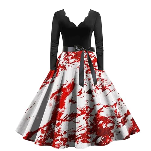 Halloween Kostüm Damen, Vintage V-Ausschnitt Langarm a Linie Fledermaus Bedruckte Hohe Taille Seil Kleid Bequemer Cocktailparty Kleid Gruselig Hexenkostüm Party Kostüm von Generic