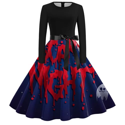 Halloween Swing Kleid, Blutfleck Fledermaus Bedruckte V-Ausschnitt Krawatten Hohe Taille Seil Kleid Halloween Horror Hepburn Swing Style Kleid Halloween Kostüm Damen Vampir Kostüm von Generic