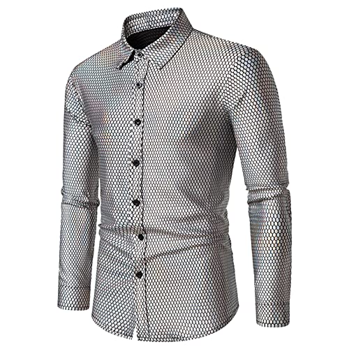 Hemd Herren Glänzende- Hemden Herren Langarm,Langarmshirt Herren Revers Funky Einfarbig Glänzendes Button Down Shirt Bronzierendes Freizeithemd Karneval Partyshirt für Tanz Disco-Nachtclub Kostüme von Generic