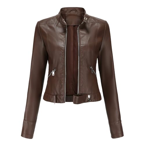 Herbst Winter Pu Faux Jacke Frauen Lederjacken Langarm Reißverschluss Slim Motorrad Biker Ledermantel Lose Weibliche Outwear Tops,Braun,XXL von Generic