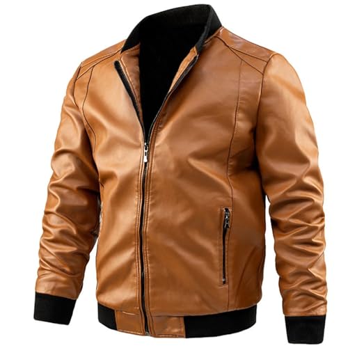 Herren Casual Lederjacke Mode Solid Color Kragen Reißverschluss Tasche Biker Kleidung Motorrad PU Jacke Solid Color Slim Mantel Männliche Kleidung,Gelb,L von Generic