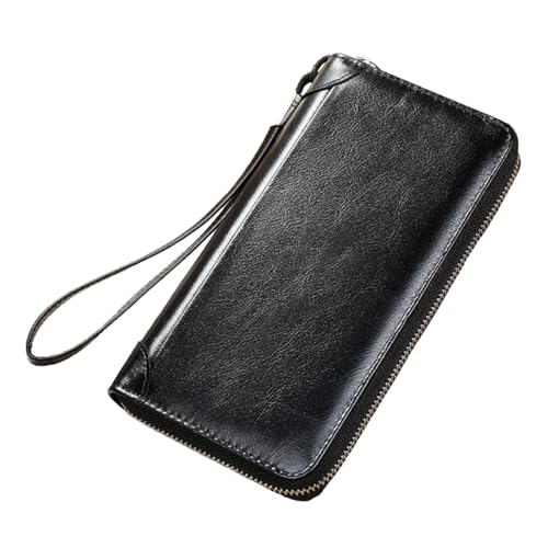 Herren Echtes Leder Lange Geldbörse Vintage RFID Blocking Clutch 14 Kartenfächer Fotofenster für Business und Reise Geldbörse, Schwarz, Einfarbig von Generic