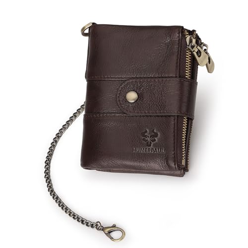 Herren Geldbörsen Echtes Leder RFID Blocking Chain Wallet - Anti-Diebstahl Bifold mit 13 Kartenfächern, Münztaschen Bargeldfach - Kompakt Langlebig, Hellbraun, Einfarbig von Generic