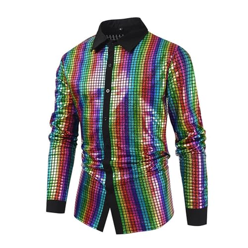 Herren Hemden Langarm Glitzer 80er Jahre, Faschingskostüme Männer Pailletten 70er Hemd, 60er Hip Hop Disco Outfit Tshirt Mit Button-Down Lustig Regular Fit Disco Outfit Herren Für Karneval Mottoparty von Generic