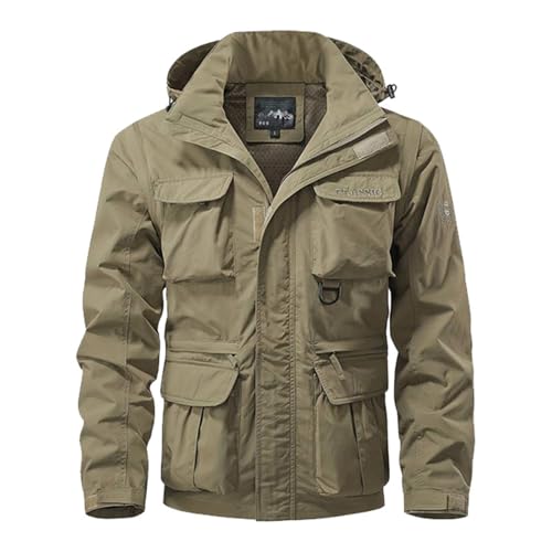 Herren Jacke Abnehmbare Winddichte Kapuzenjacke, Herren Casual Mäntel Wasserdicht Multi Tasche Cargo Jacket Vest geeignet für Outdoor-Aktivitäten,Khaki,XXL von Generic