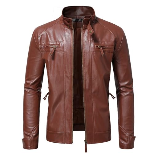 Herren Kunstleder Jacke Biker Jacke Motorrad Jacke Tägliche Urlaub Windproof Warm Tasche Fall & Winter Plain Fashion Classic Stand Kragen Regelmäßige Jacke,Braun,3XL von Generic