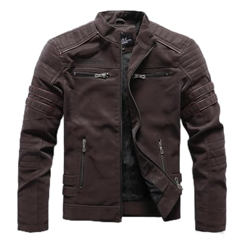 Herren Lederjacken Männer Herbst Winter Mode Stand Kragen Biker Motorrad Jacke Mens Casual Zipper Gewaschene Retro PU Leder Mäntel,Braun,S von Generic