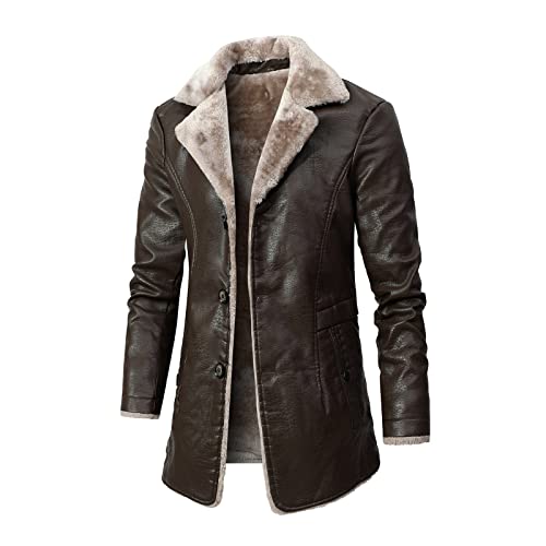 Herren Vintage Ledermantel Herren Lange Kunstlederjacke Winter Pu Mantel mit Pelzkragen Dicke Trenchcoat Winter Jacke Herrenmantel mit Fellkragen Business Kurzmantel Mantel von Generic