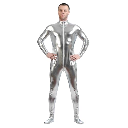 Jumpsuit Herren Glänzend, Overall Herren Enges,Karneval Kostüm Erwachsene Langarm Gummierte Halbe Inclusive Strumpfhose Lustige Gelcoat Bühnenbekleidung Einfarbig Bodysuit für Fasching Rave Party von Generic