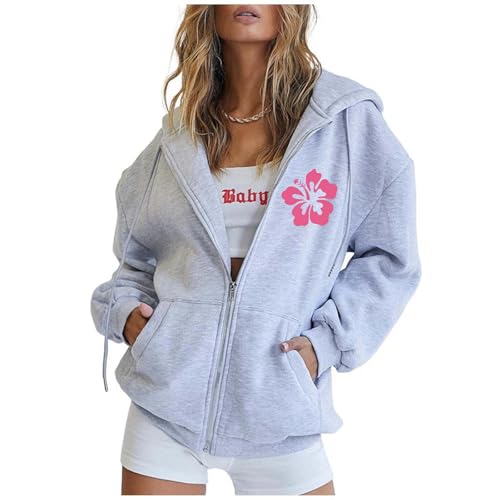 Kapuzenpullover Damen Zip Sweatshirt Hoodie mit Reißverschluss Baggy Kapuzenjacke Einfarbige Loose Tops Oberteile Baumwolle Sweatjacke mit Kapuze Winter Frauen Jacke Y2K Streetwear Mantel Outwear von Generic