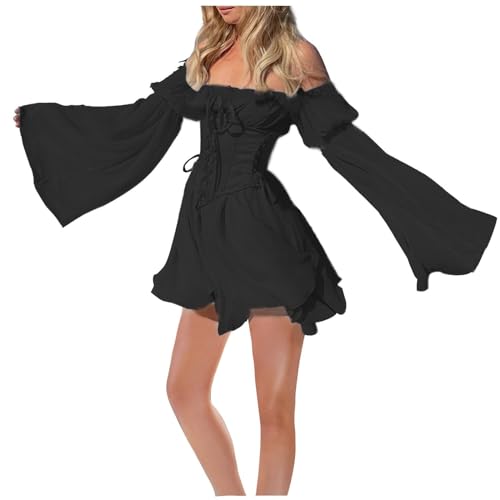 Karneval Kostüm Damen Pirat Sommerkleid, Piratenkostüm Damen Kleider, Piraten Kleid Jumpsuit Overall Damen Elegant Kurz Boho Strandkleid Ein-Schulter A-Linie Rapunzel Kleid Piratenkleid Damen von Generic