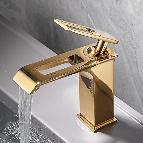 Kitchen Faucet Badarmaturen Wasserfall, Messing-Wasserhahn Badezimmer, Waschbecken-Wasserhahn Warm- und Kaltmischbatterie, Einhand-Wasserfall-Badezimmer-Waschtischarmaturen, Gold (Farbe: Gold), von Generic