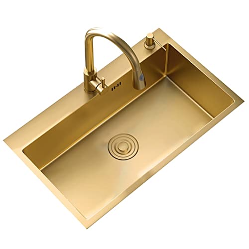 Kitchen Gold Große Einzelbeckenspüle, Mehrgrößenspülen, Heimküchenspüle, Edelstahlspüle mit Wasserhahn und Zubehör, leicht zu reinigende Spülbecken (Farbe: Gold, Größe: 55 x 45 cm) von Generic