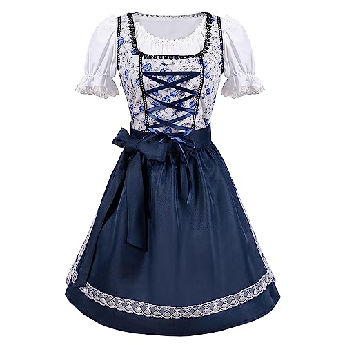 Kleid Dirndl Damen, Midi für Oktoberfest, mit Schürze und Bluse Fernblau geblümt Kleidung Damen von Generic