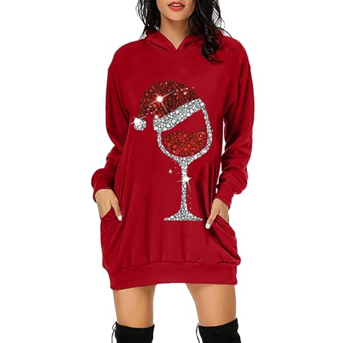 Kleid Weihnachten Damen Elegant, Hoodie Kleid Damen Weihnachts Mit Taschen, Lustige Weihnachtspullover Lang Sweatshirt Kleid Damen Mit Christmas Klassiker Bedruckt Strickkleid Weihnachten Damen von Generic