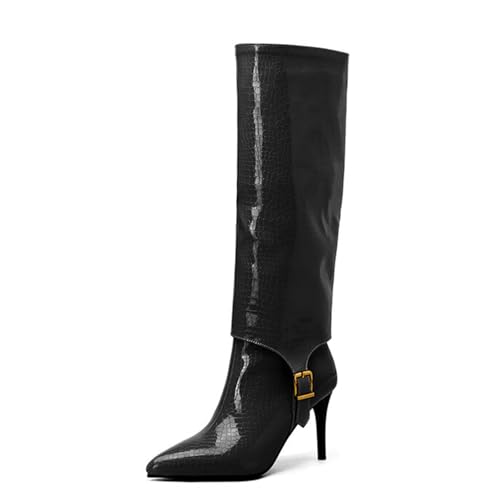 Kniehohe Damen-Stiefel, hohe Absätze, spitzer Zehenbereich, Stiletto-Absatz, Slip-on-hohe Stiefel, Gürtelschnalle, Paar mit einem Kleid und Leggings, hohe Höhe 8 cm von Generic