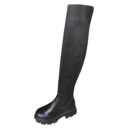 Kniehohe Schwarze Damenstiefel, Winterstiefel, Damen-Reitstiefel, Overknee-Oberschenkelhoch, klobiger Plateauabsatz, Stretch-Stiefel, modische Stiefeletten mit seitlichem Reißverschluss, Elegante von Generic