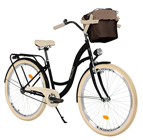 Komfort Fahrrad Citybike Mit Korb Vintage Damenfahrrad Hollandrad, 26 Zoll, Schwarz-Creme, 1-Gang von Generic