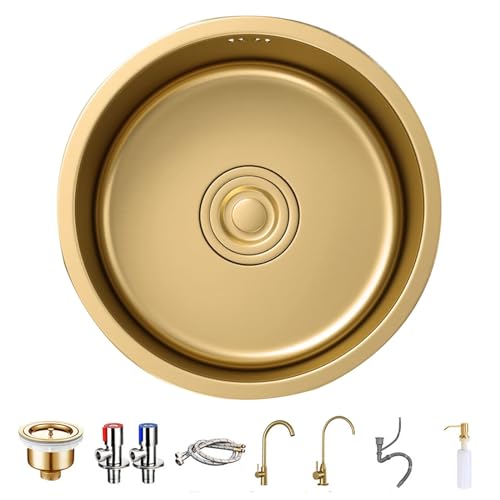 Küche Gold Nano Edelstahl Runde Spüle Küchenbar Einzelspüle Haushalts-Aufsatzwaschbecken mit Wasserhahn Leicht zu reinigen und zu pflegen Spülbecken (Farbe: Gold, Größe: 36 * 36 * 20 cm) von Generic