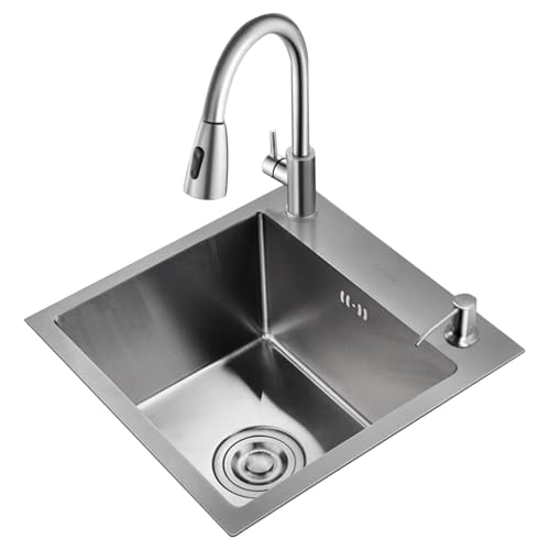 Küchenspüle aus gebürstetem Edelstahl, quadratisch, Einzelbecken, Spüle mit Wasserhahn, Abflusskorb, Balkon, Küchenbar, kleine Spüle unter der Theke (Farbe: Silber, Größe: 46 x 38 x 21 cm) von Generic