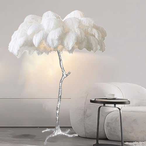 Lamp Stehleuchten für Wohnzimmer, romantisches Prinzessinnenschlafzimmer, silberne Stehlampe, modern, luxuriös, mit Straußenfedern aus echtem Harz, 3 Farben, dimmbar von Generic