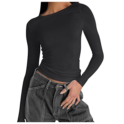 Lang Pullover Damen Elegant, Rundhals Oberteile Langarm - Sexy Crop Top Langarm Skims Top Slim Fit Y2K Tshirt Frauen Longsleeve Lang Tank Top Hemd Sweatshirt Oberteile Elegante von Generic