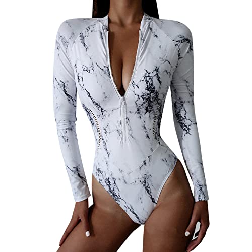 Langarm Badeanzug Damen Surfanzug Einteiliger Badeanzug Damen Bauchweg mit Beinen One-Piece Bikini Damen Sexy Reißverschluss Bademode Strandmode Badeanzüge für Frauen Surfen Tauchen Sport von Generic