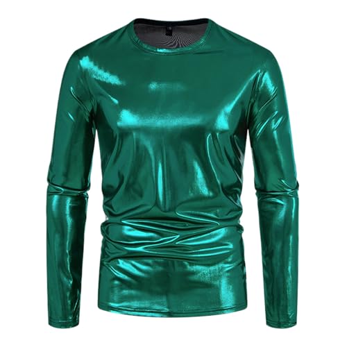 Langarmshirt Herren Glänzende- Basic T-Shirt Herren Langarm,Leder Pullover Herren Rundhals Funky Slim Fit Einfarbig Glänzendes Oberteil Karneval Partyshirt für Tanz Disco-Nachtclub Kostüme von Generic