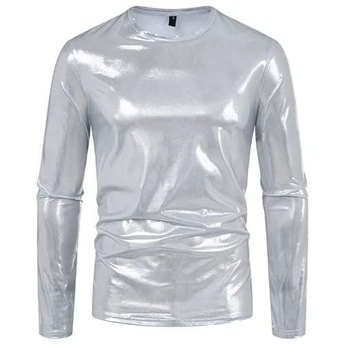 Langarmshirt Herren Glänzende- Basic T-Shirt Herren Langarm,Leder Pullover Herren Rundhals Funky Slim Fit Einfarbig Glänzendes Oberteil Karneval Partyshirt für Tanz Disco-Nachtclub Kostüme von Generic