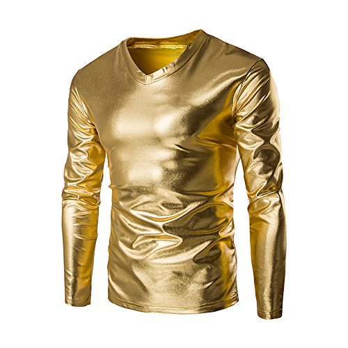 Langarmshirt Herren Glänzende-T-Shirt Herren Langarm-Pullover Herren Rundhals Freizeit Slim Fit Einfarbig Glänzendes Bronzierendes Oberteil Karneval Partyshirt für Tanz Disco-Nachtclub Kostüme von Generic