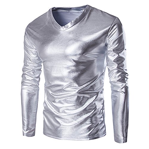 Langarmshirt Herren Glänzende-T-Shirt Herren Langarm Pullover Rundhals Casual Slim Fit Einfarbig Glänzendes Bronzierendes Oberteil Karneval Partyshirt für Tanz Disco-Nachtclub Kostüme von Generic