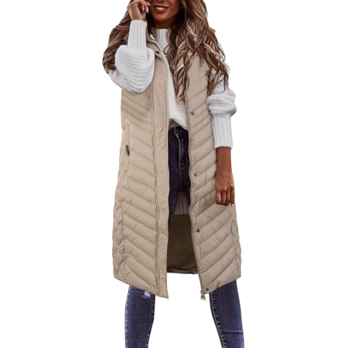 Lange Steppweste Damen, Damen Weste Lang, Daunenweste Damen Lang Weste Damen Mit Kapuze Puffer Weste Damen Große Größen Einfarbig Longweste Damen Casual Warme Damen Weste Herbstweste Winterjacke von Generic