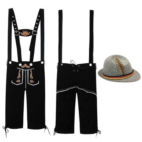 Lederhose Herren Tracht, Trachtenhose Kurz,Trachtenlederhose Lederhosen mit Hosenträger Schwarz Braun Trachtenlederhosen für Oktoberfest Bayerische Outfit Modern von Generic