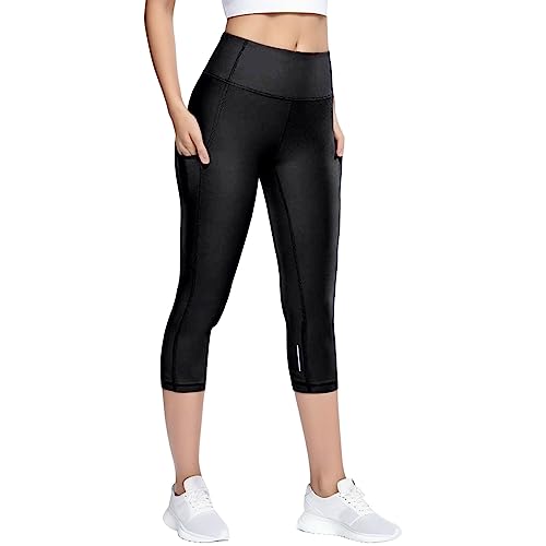 Leggings Damen High Waist-Capri Leggings Damen-Sporthose Knielang mit Taschen Einfarbig Bauchweg Gym Fitness Stretch Seamless Shape Fitness Capri-Leggings Sporthose Yogahose Reitleggins von Generic