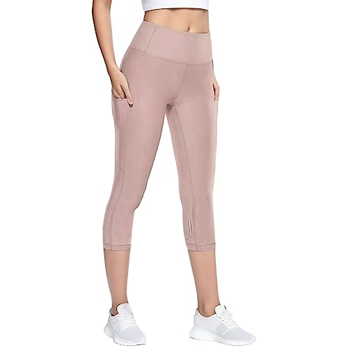 Leggings Damen High Waist-Capri Leggings Damen-Sporthose Knielang mit Taschen Einfarbig Bauchweg Gym Fitness Stretch Seamless Shape Fitness Capri-Leggings Sporthose Yogahose Reitleggins von Generic