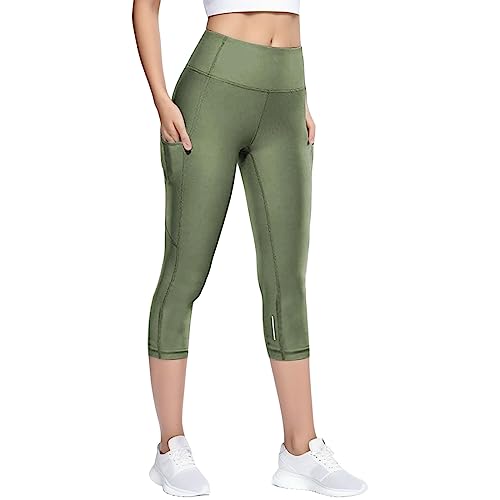 Leggings Damen High Waist-Capri Leggings Damen-Sporthose Knielang mit Taschen Einfarbig Bauchweg Gym Fitness Stretch Seamless Shape Fitness Capri-Leggings Sporthose Yogahose Reitleggins von Generic