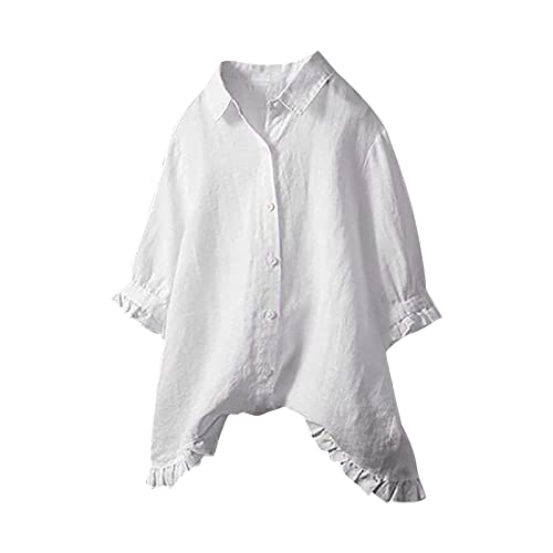 Leinenhemd Damen Sommer,Leinen Bluse Damen Elegant Blusenshirt Damen 3/4 Arm mit Rüschen Knopfleiste Leinenbluse mit Puffärmel und Tasche Rundkragen Hemdbluse Lose T-Shirt Tops Oberteile Tunika von Generic