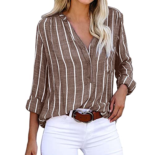 Leinenhemd Damen Sommer -Leinen Bluse Damen Elegant-Streifen Blusenshirt Damen 3/4 Arm mit Rundkragen Knopfleiste Leinenbluse Karohemd mit Tasche Hemdbluse Lose T-Shirt Tops Oberteile Tunika von Generic