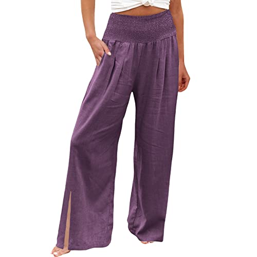 Leinenhose Damen, Sommerhose Leicht, Stoffhose Damenhose Mit Gummizug, Musselin Palazzo Hose Linen Pants Women, Große Größen Luftig High Waist Yoga Jogginghose Mit Taschen Casual Paperbag Hosen Damen von Generic