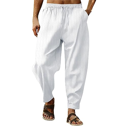 Leinenhose Herren, Sommerhose Leicht, Linen Pants Men, Musselin Hose Herrenhose Mit Gummizug Baggy Stoffhose, Luftige Einfarbig Weites Bein Yogahose Mit Taschen Einfach Chino Hose Herren Stretch von Generic