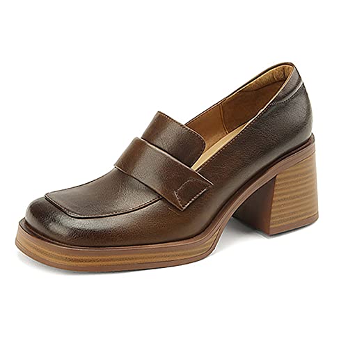 Loafer für Damen, Loafer Zum Hineinschlüpfen für Damen Loafer mit Mittelhohem Blockabsatz und Eckiger Zehenpartie für Damenschuhe,Brown,37 EU/6 US von Generic