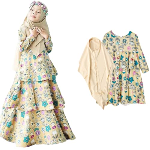 Mädchen Gebetskleidung Kinder Islamische Kleidung Kleid Mädchen Zweiteilige Kleider Maxi Skirt, Langer Hijab und Rosenkranz Geschenk Blumen gedruckt von Generic